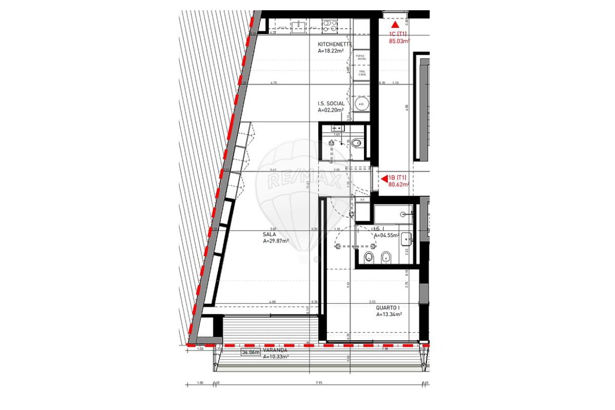 Planta do apartamento T1 (80,62 m²)